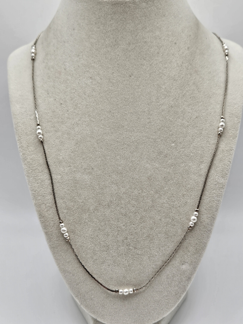 VINTAGE Dainty Silver Tone Faux Pearl Station Strand Necklace Korea